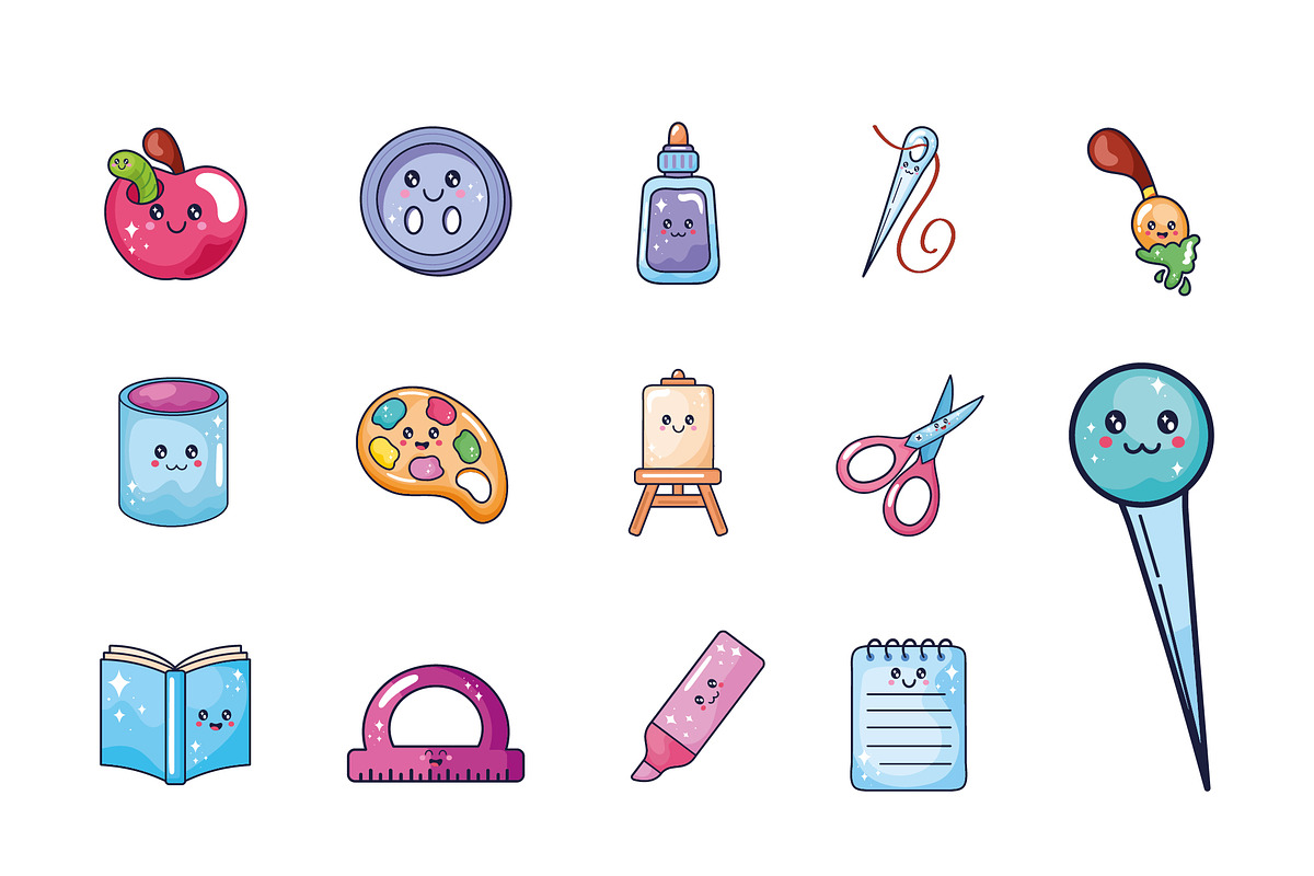 Kawaii School and Craft Icon Set