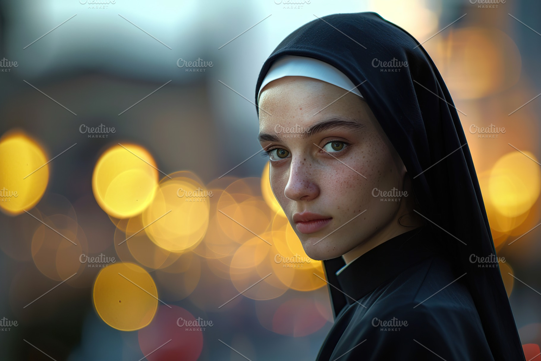 Young praying nun in church on blurred background, a Person Photo by AlyaAnd