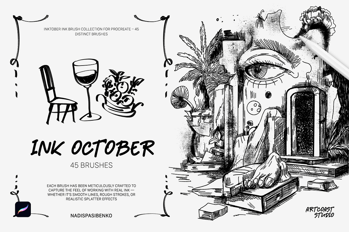Ink October Procreate Brushes, a Brush Add-On by Spasibenko Art (Photo 1 of 4)