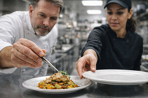 Chefs plating food in restaurant kit, a Photo by Dvoevnore photos