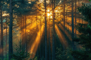 Sunrise and sunrays over the green forest, a Photo by AlyaAnd