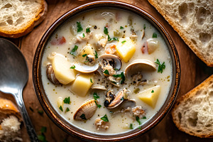 Clam chowder with potatoes and bread, a Food & Drink Photo by Photostock