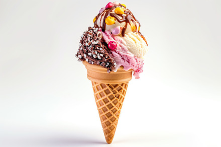 Colorful ice cream with sprinkles in waffle cone on white background, a Food & Drink Photo by AlyaAnd