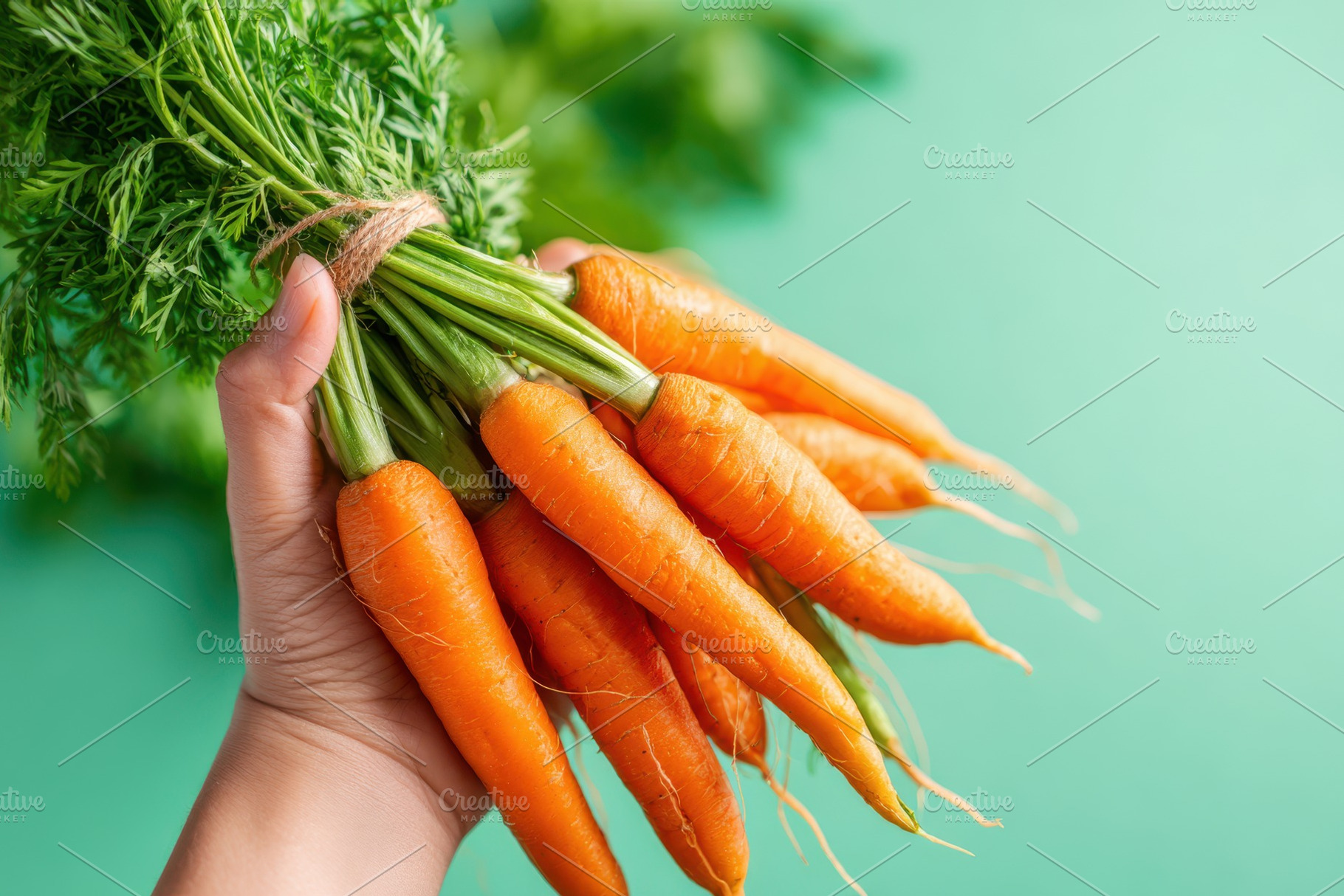 Fresh baby carrots bundle in hand, a Food & Drink Photo by AlyaAnd