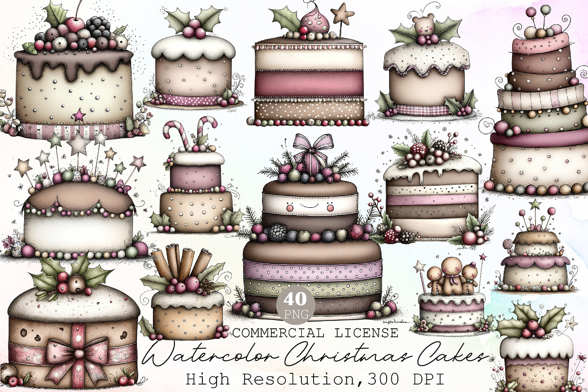 Watercolor Set Christmas Cakes, an Illustration by Sublimation Artist (Photo 1 of 6)