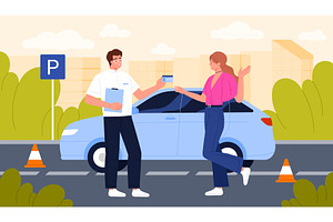 Happy woman receiving driver license, a Person Illustration by Flashvector