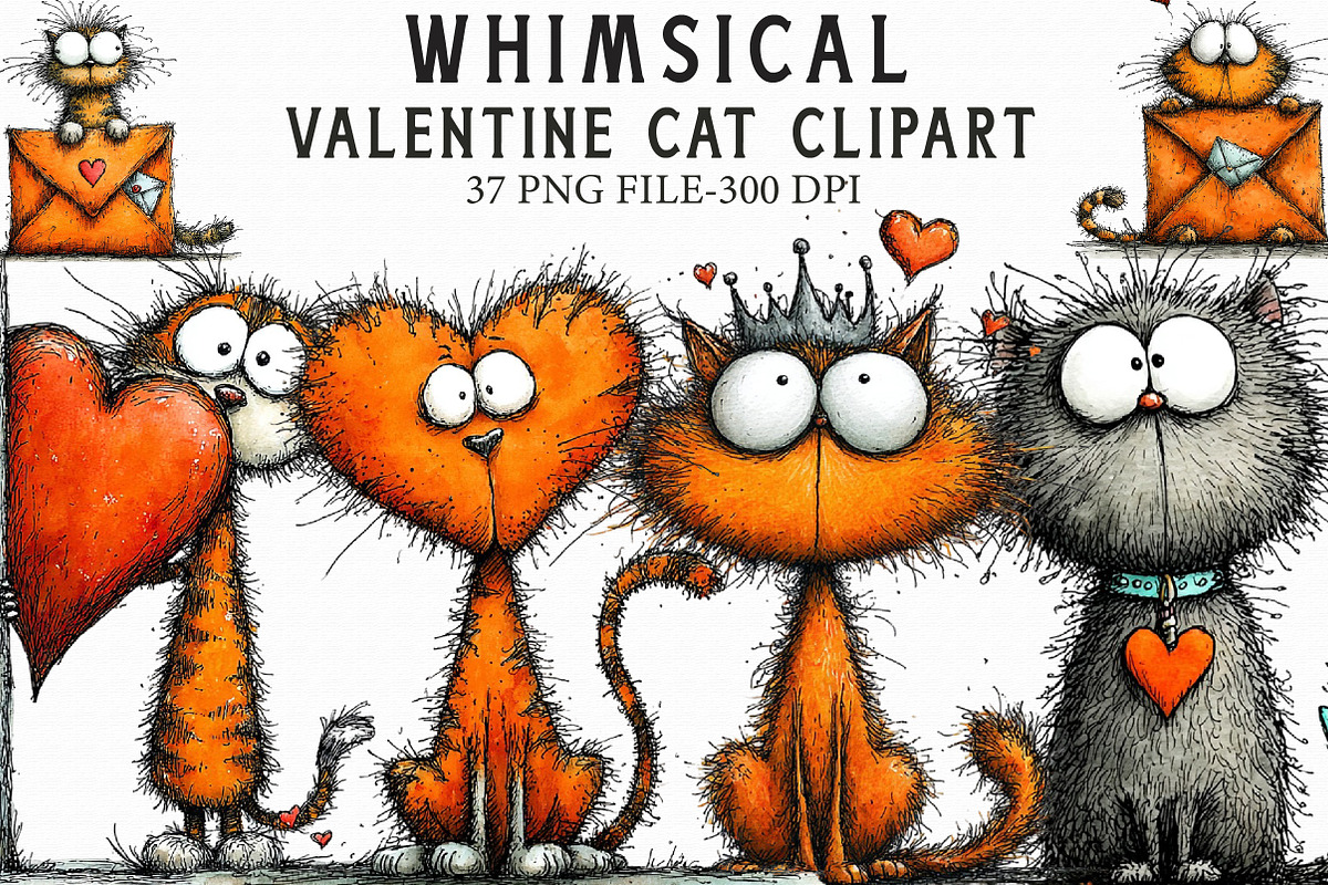 Whimsical Valentine Cat Clipart, an Illustration by Libby Wishes (Photo 1 of 7)