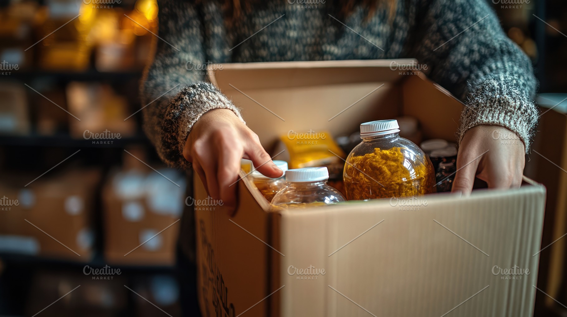 Person packing box with assorted foo, a Background Photo by Pixeness Studio