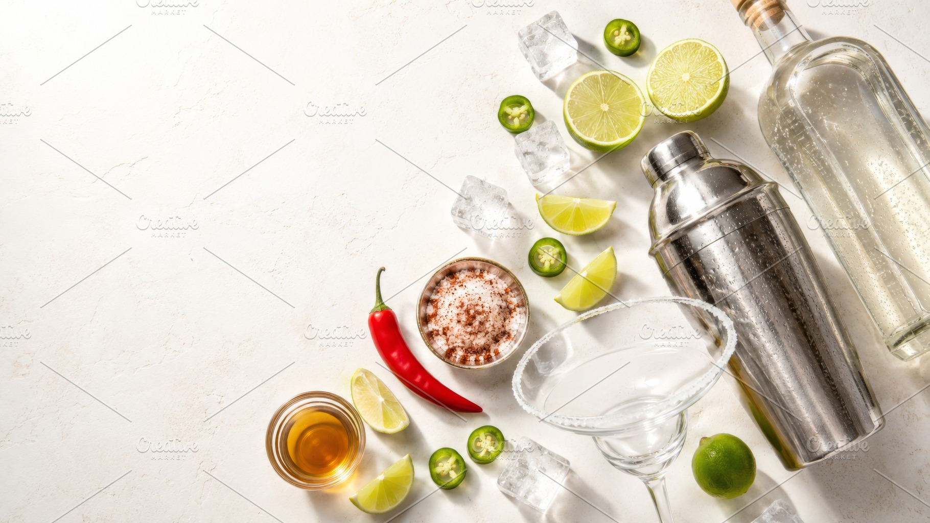 Spicy hot margarita ingredients with, a Photo by Dvoevnore photos