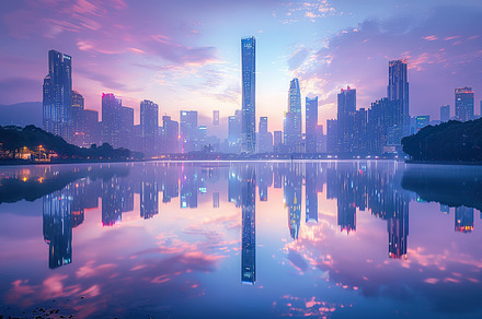 A tranquil city skyline at sunset re, a Photo by LOGOCREATIVE