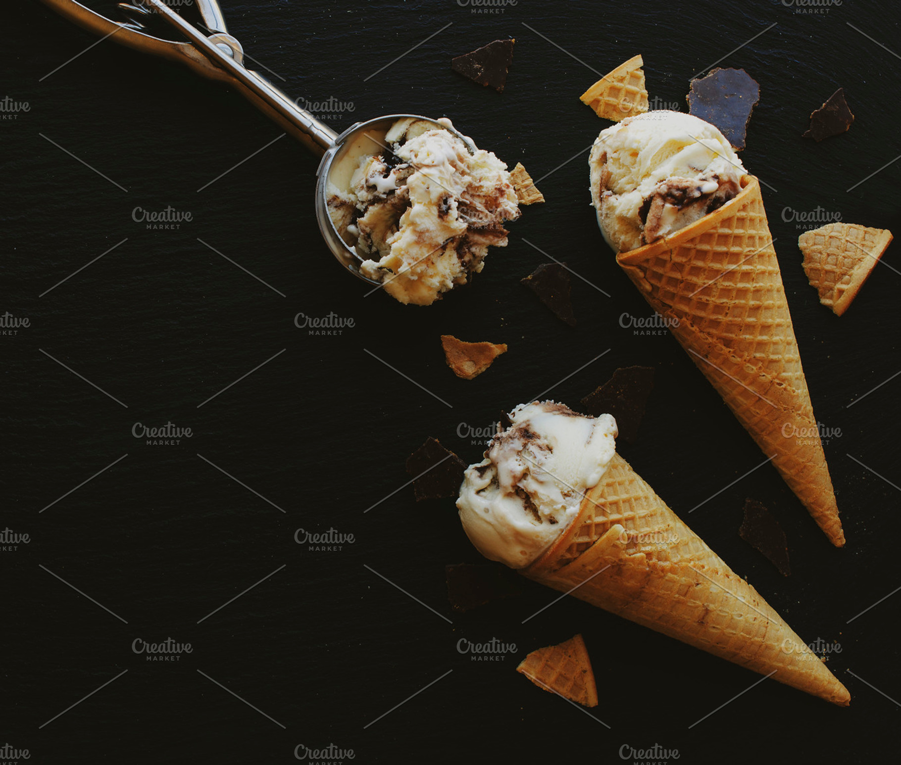 Chocolate ice cream in a sugar waffle cones stock photo containing ice and, a Food & Drink Photo by Wild Drago Shop