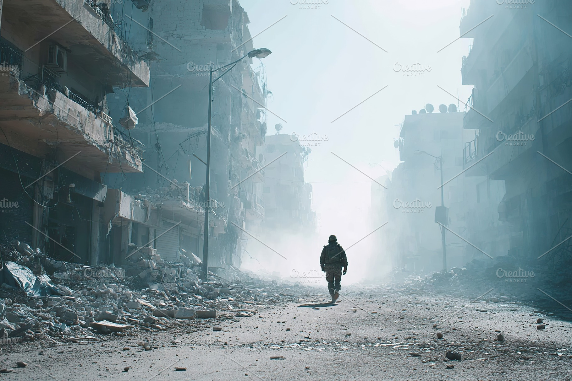 City in ruins due to war with smoke rising and a lone figure walking through de, a Photo by AlyaAnd