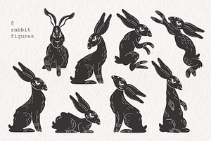 Rabbits. Linocut Vector Collection