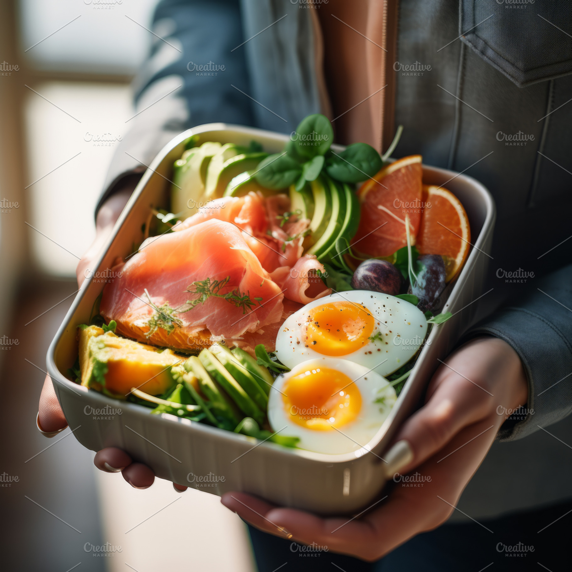 A lifestyle shot of a woman holding container filled with nutritious and portio, a Food & Drink Photo by Natalia Klenova's Shop