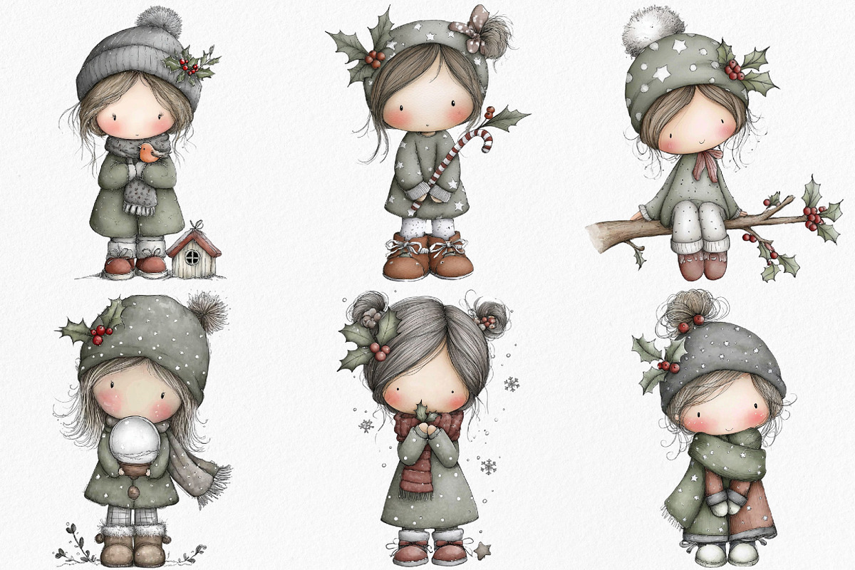 Cute Holly Girl Clipart Bundle, an Illustration by Canvas Craft (Photo 3 of 7)