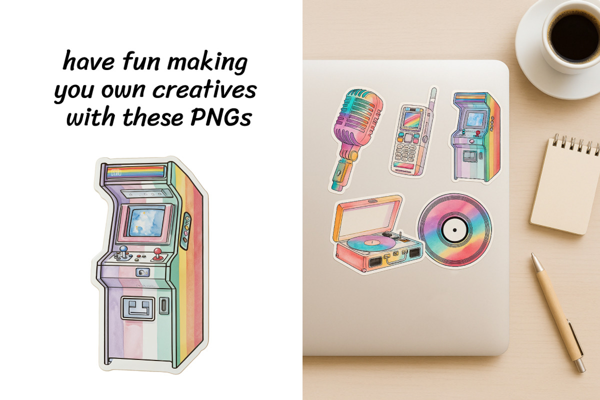 Watercolor Retro Gadgets Stikers, a Decorative Illustration by InkyQueenArt (Photo 3 of 5)