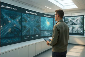 A man analyzing urban traffic data, a Technology Illustration by Sergey Kotenev