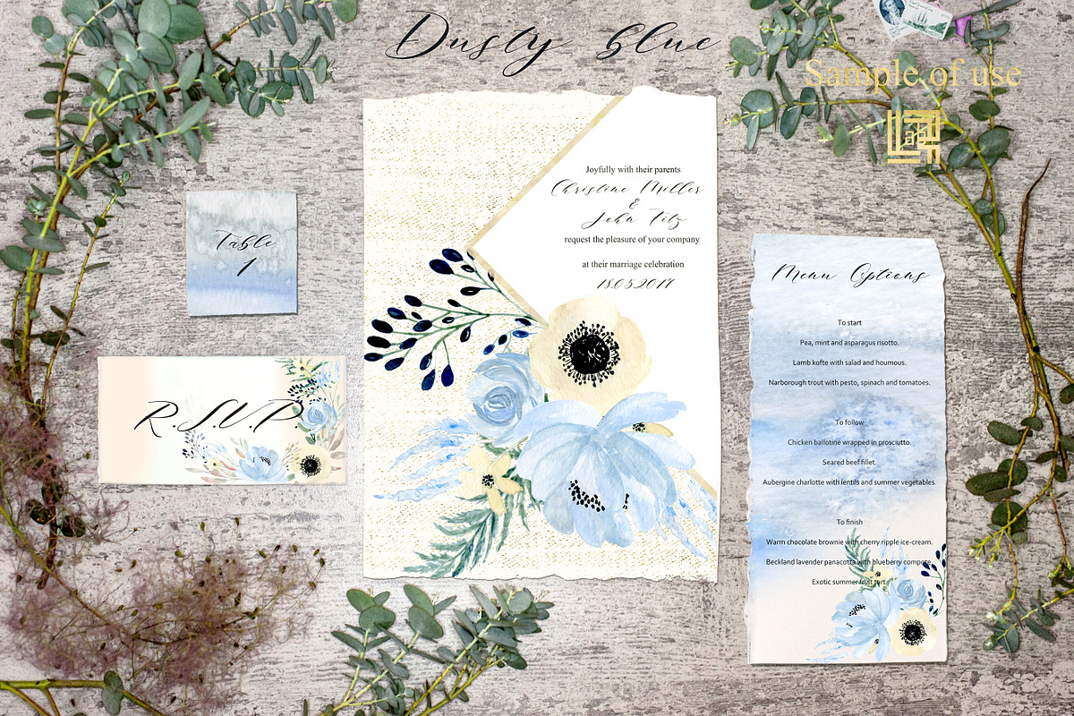 Dusty blue gold. Watercolor flowers, a Texture Illustration by LABFcreations (Photo 7 of 12)