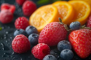 Fresh and vibrant assortment of strawberries, blueberries, and r, a Food & Drink Photo by ImageMir