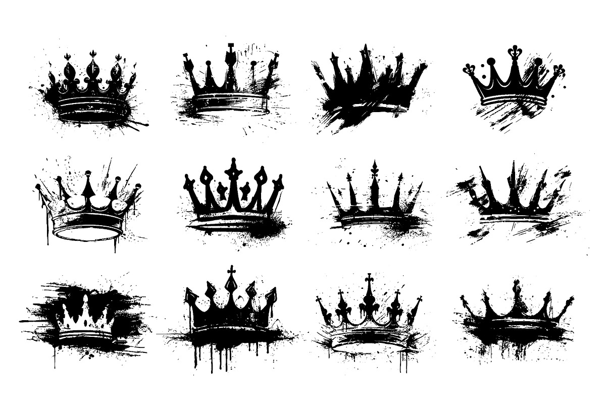 Grunge-style crowns with ink splatte, an Object Illustration by Ksania