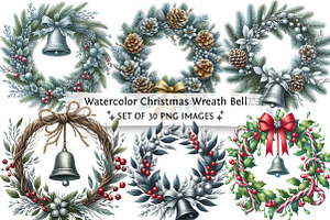 Watercolor Christmas Wreath Bell Cli, an Illustration by DreamPrint404