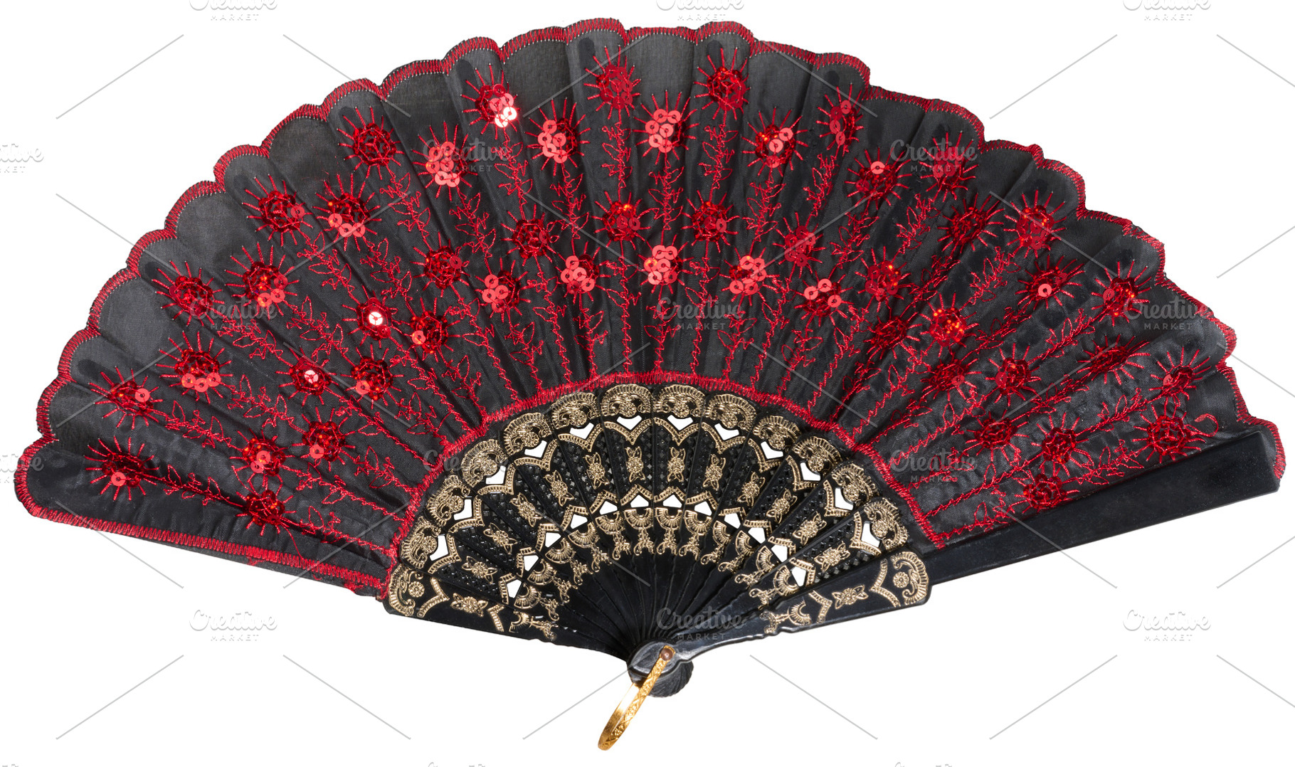 Black and red Spanish hand fan with embroidery and sequins, isol, a Beauty & Fashion Photo by ndanko