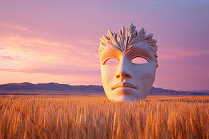 Large white sculpture of a woman's face surrounded by golden wheat under a colo, a Photo by AlyaAnd