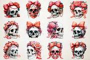 Watercolor Coquette Skull Clipart, a Seasonal Illustration by RobertsArt (Thumbnail 4 of 7)