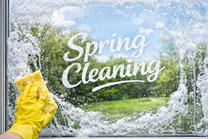 Spring cleaning with yellow glove wi, a Photo by Dvoevnore photos