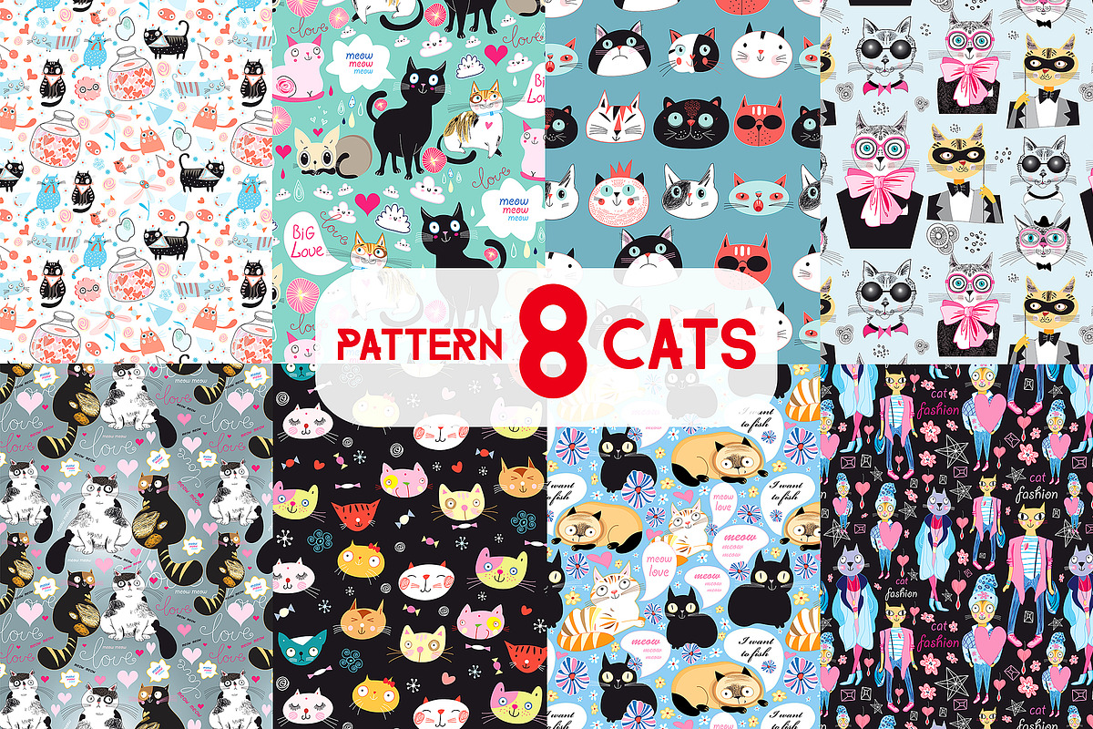 8 Fun bright patterns with cats, a Pattern Graphic by Tanor (Photo 1 of 9)