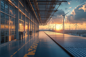 A modern industrial facility with solar panels and wind turbines at sunset, ref, a Transportation Photo by Textures & Backgrounds