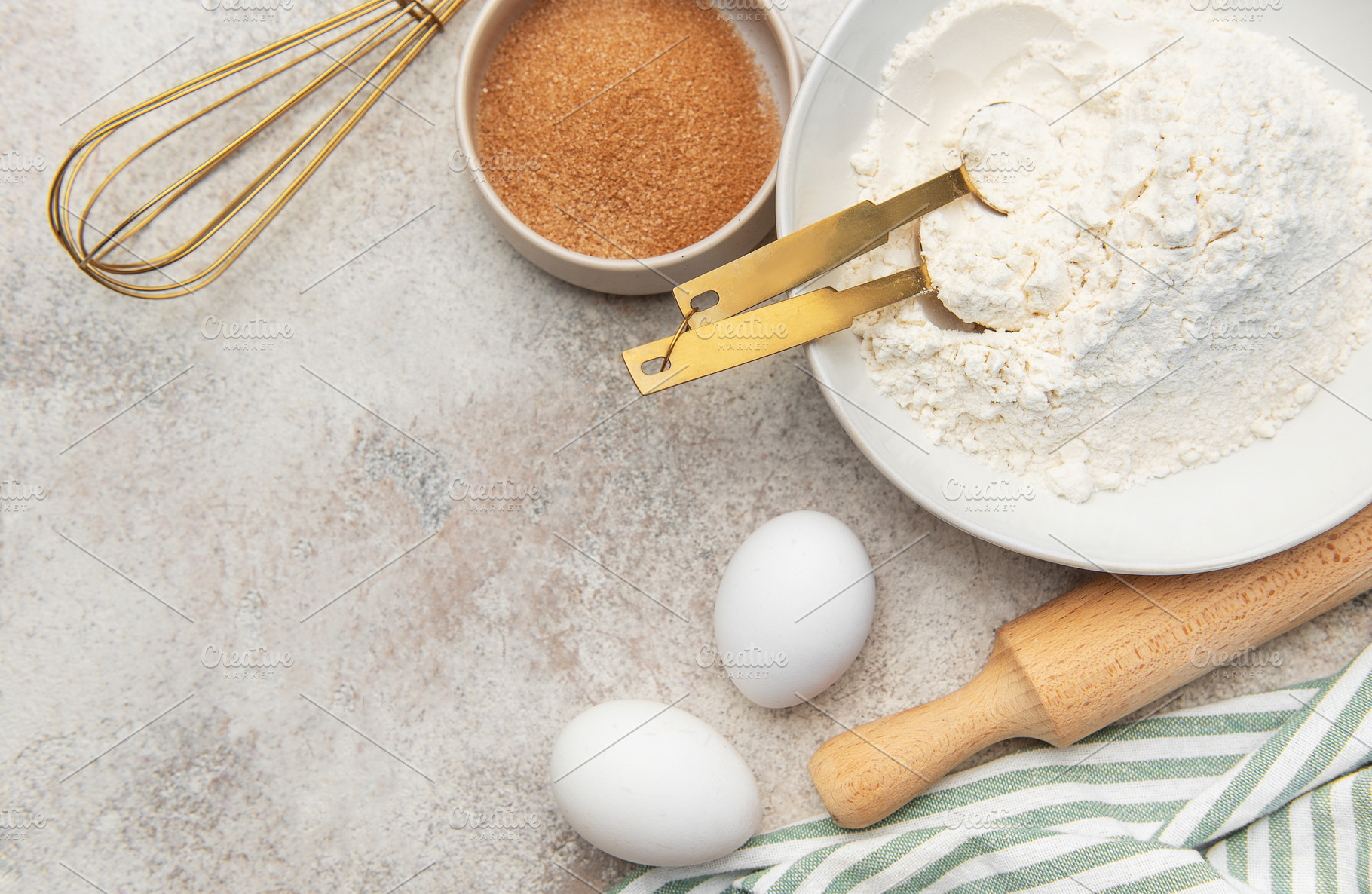 Baking ingredients preparing dough on kitchen counter, a Food & Drink Photo by Olena Rudo