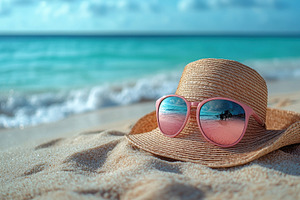 Summer beach day with a straw hat an, a Photo by Tanuart