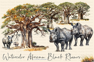 Watercolor African Black Rhino