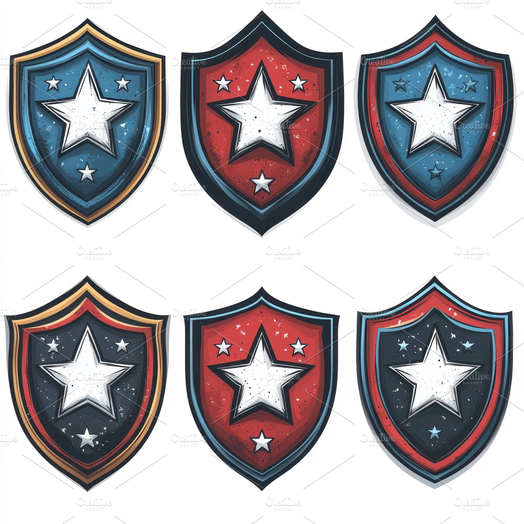 Six star shields in red blue and bla, an Abstract Photo by Pixeness Studio