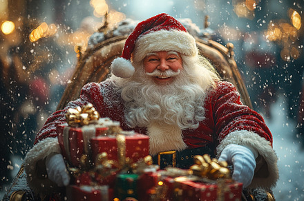 Santa Claus joyfully delivering gift, a Photo by Tanuart