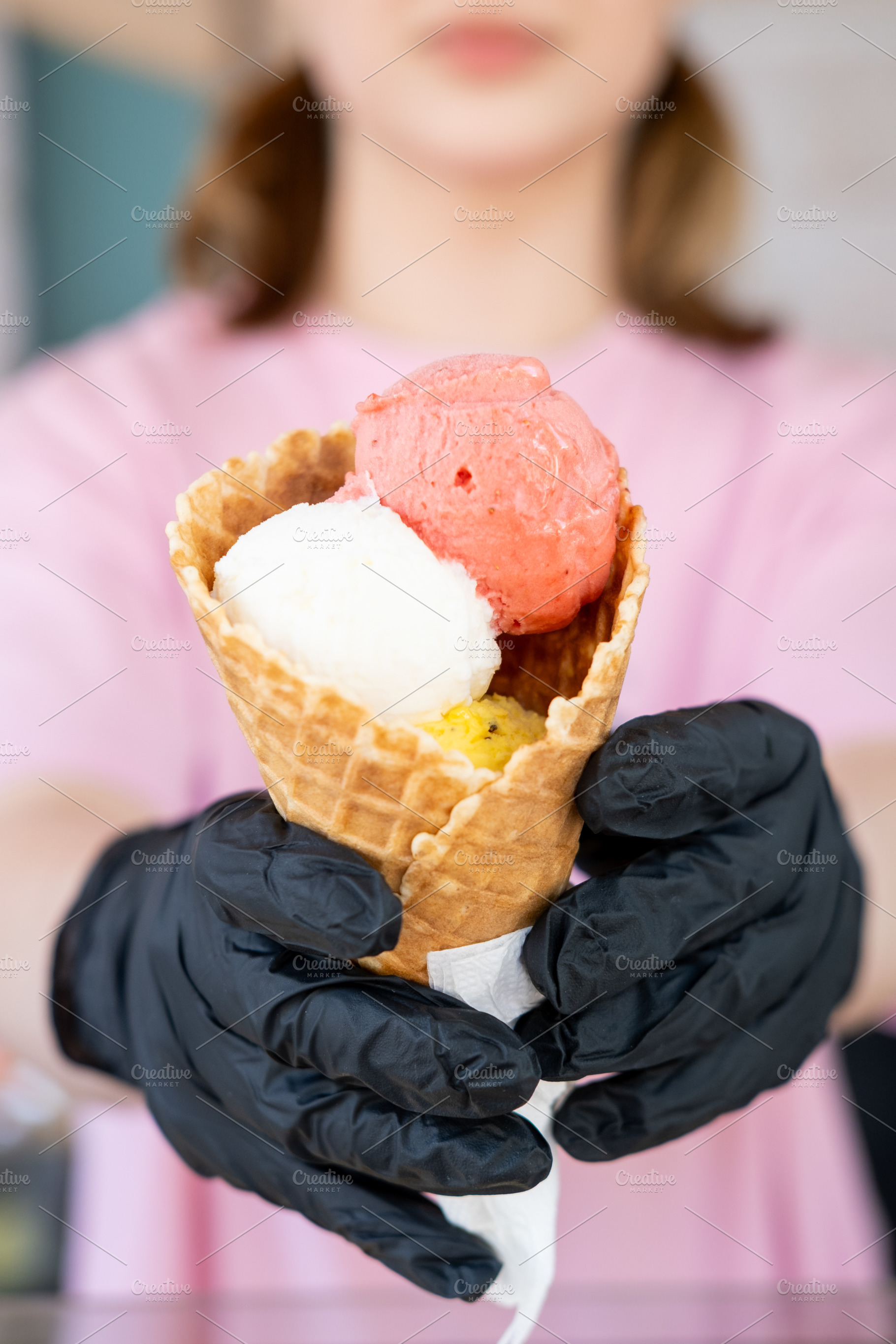 Ice cream seller sweet treat gelato worker hand, a Food & Drink Photo by Photo Drive Studio