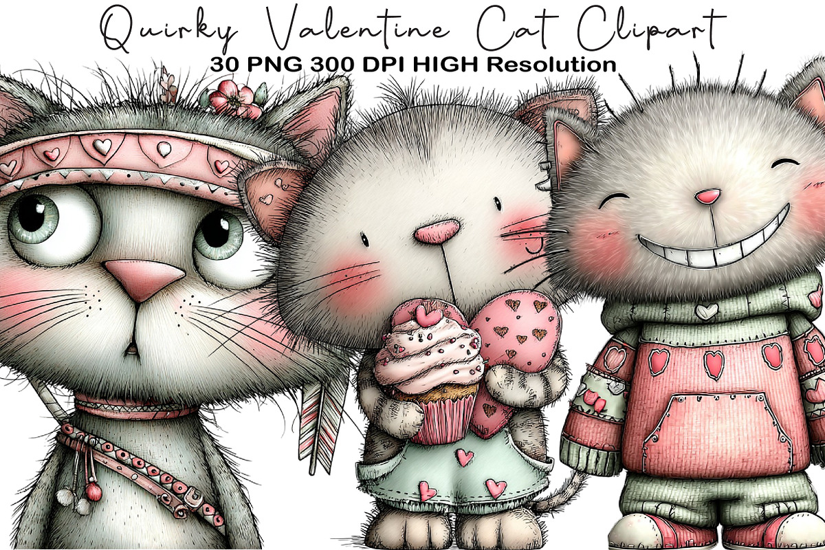 Quirky Valentine Cat Clipart Bundle, an Illustration by Black Bird Studio (Photo 1 of 6)
