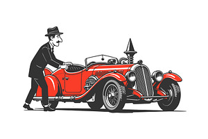 Man Pushing Vintage Red Classic, a Transportation Illustration by AlexArt