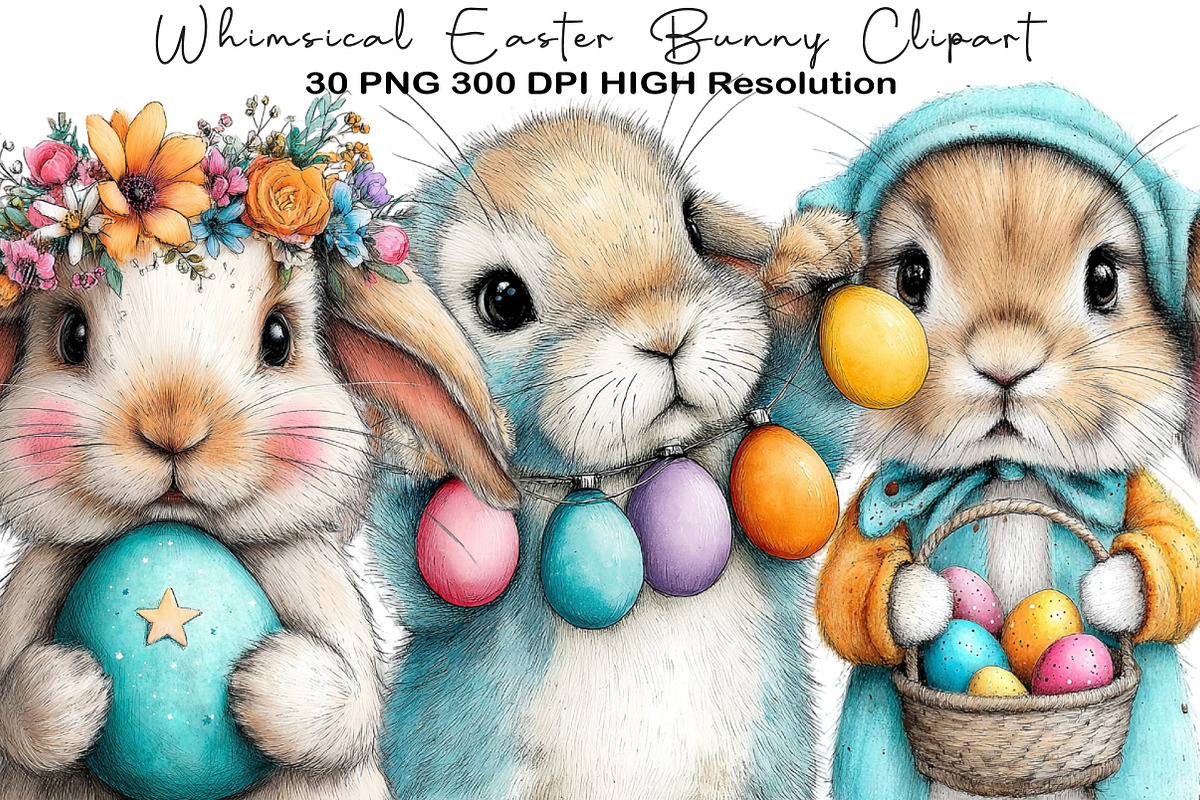 Whimsical Easter Bunny Clipart, an Illustration by Black Bird Studio (Photo 1 of 6)