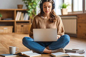 Student on the floor surrounded by notebooks, headphones, coffee, a School & Education Photo by DanFLCreativo