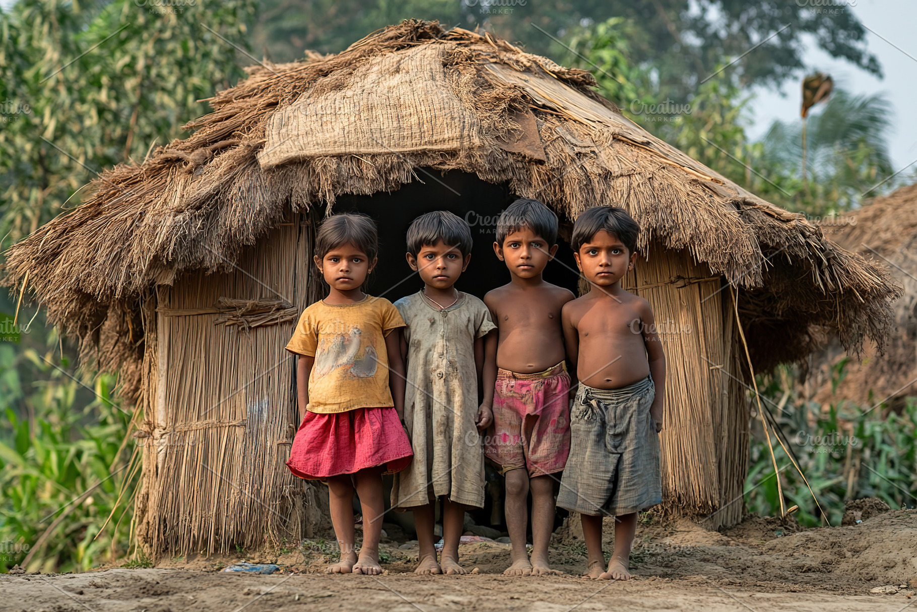 Children standing together outside a rural hut in their village, a Person Photo by AlyaAnd