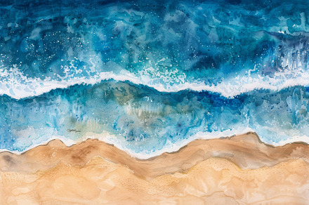 Bright blue waves roll onto a golden, a Photo by Tanuart