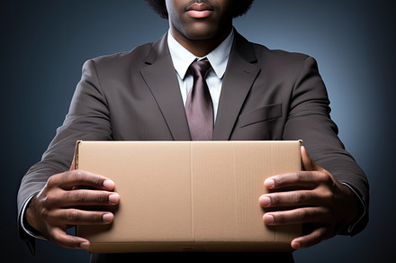 Сoncept of dismissal from work. Сlose-up cardboard box held by an sad former, a Photo by zakiroff