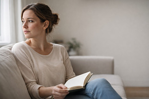 Woman reading book on sofa, thoughtful and relaxed, suitable for, a Photo by Dvoevnore photos