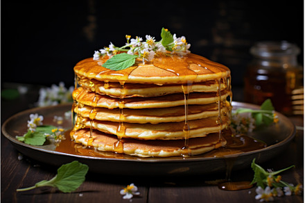 Indulgent Pancakes honey. Generate, a Food & Drink Photo by Ylivdesign
