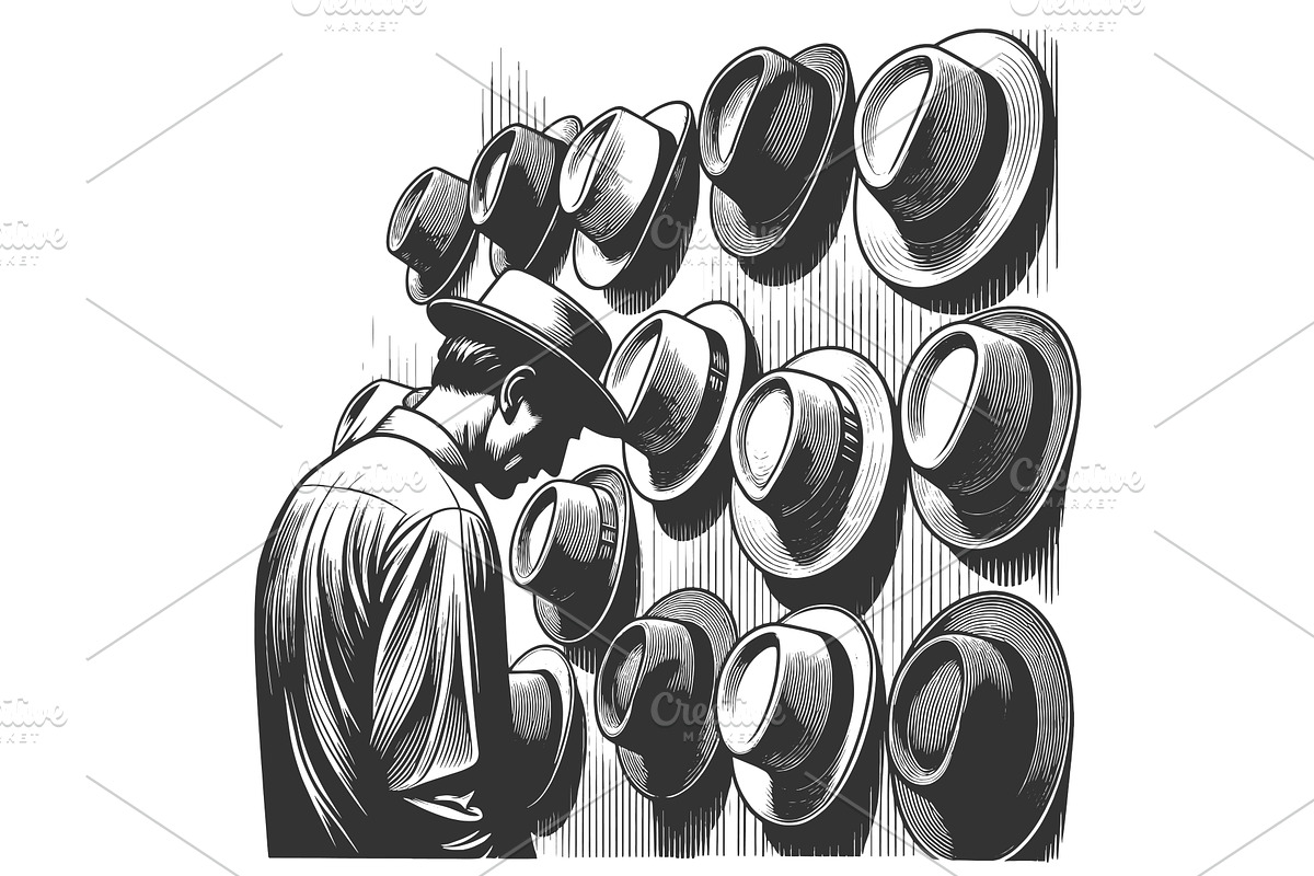 Man Choosing Hat From Vintage Hat, an Object Illustration by AlexArt