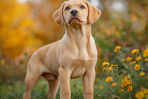 A proud golden Labrador puppy stands amidst vibrant flowers, showcasing its pla, an Animal Photo by ImageMir