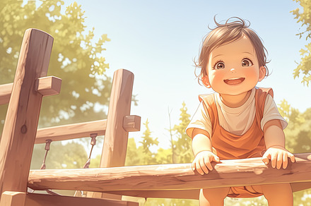 Adorable baby girl exploring a wooden play area on a sunny day, an Illustration by AS photostudio
