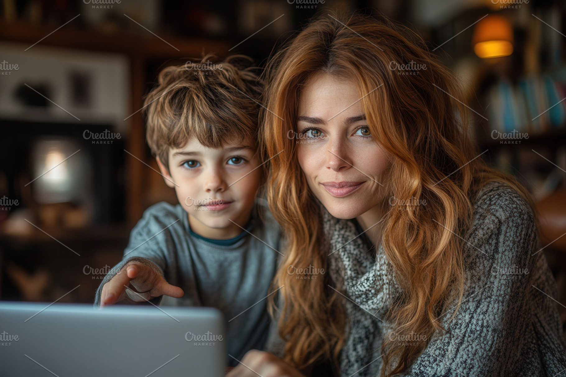 Mother and son engaging in a cozy in, a Photo by Tanuart